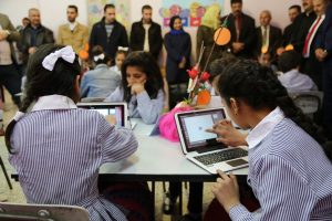 Digitization and smart learning in Palestinian schools. The MoEHE has provided 12,500 students from the fifth and sixth grades with tablets that contain digital books, learning activities, and educational games. Photo courtesy of MoEHE.