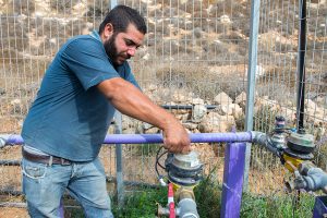 Farmer operating the treated wastewater subsoil irrigation system.