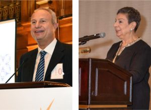 Left: Mr. Samer Khoury, chairperson of the board of trustees, launching the American Friends of BDF, February 2018, Washington DC. Right: Dr. Hanan Ashrawi, vice-chairperson of the board of trustees, addressing AFBDF invitees, New York, October 2018. Photos courtesy of AFBDF.