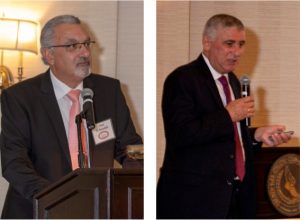 Left: Mr. Ziad Al Bandak, chairperson of the Presidential Committee for the Restoration of the Church of the Nativity, briefing AFBDF invitees on the progress of the restoration works at the church, New York, October 2018. Right: Mr. Mazen Karam, BDF managing director, presenting BDF accomplishments to the AFBDF invitees, New York, October 2018. Photos courtesy of AFBDF.