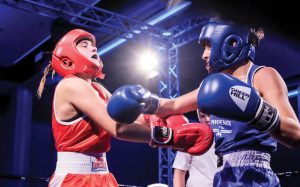 Xena (in blue) during her second international boxing game in the Netherlands in 2018.