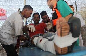 Patient at the trauma stabilization point, supported by WHO. Credit: WHO/ E. Baba.