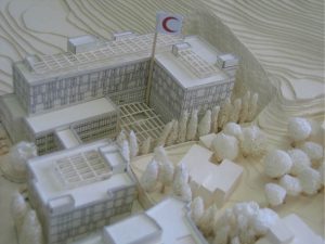 A model of the new Red Crescent Society Hospital building planned for Al-Sowaneh neighborhood.