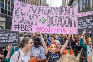 (#BDS) Protest against anti-BDS laws on June 9, 2016, in New York. Photo by Erik McGregor/Pacific Press/LightRocket via Getty Images. 