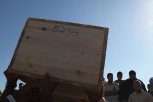 Al-Muqata’a, Ramallah, May 31, 2012. The wooden coffin of a Palestinian killed by Israeli forces (considered a martyr by Palestinians), bearing a number, extracted from the “cemeteries of numbers.” On that day, 91 corpses were released and given back to their families.