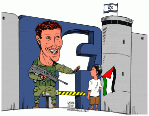 Cartoon by Carlos Latuff on Facebook censorship of Palestinian accounts (2016).