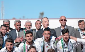 H.E. Takeshi Okubo, Ambassador of Japan, and UNDP Representative, Roberto Valent, and representatives of the Palestinian Sports Association.