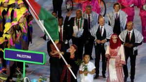 Palestinian delegation on parade at the inauguration of the Olympics.