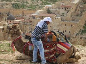 A Camel and a Bedouin guide resting at Mar Saba. Photo by Gerard Horton.