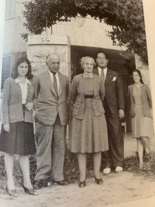 A family picture with Mr. and Mrs. Sakakini flanked by Hala, Dumia, and Sari, posing in front of their home in Qatamon.