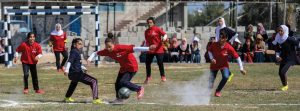 Girls’ football teams at Mine Action Day in Khan Younis. Photo Credit: @UNMAS.