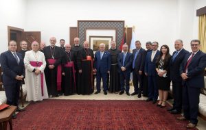 Members of the Higher Presidential Committee of Churches Affairs in Palestine along with the Custodians of the Holy Land meeting President Mahmoud Abbas.