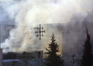 The Church of the Nativity under siege by the Israeli army, 2002. Photo courtesy of Fr. Ibrahim Faltas.