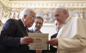 President Mahmoud Abbas presents to His Holiness Pope Francis a descriptive report on the progress of the rehabilitation of the Church of the Nativity. Audience: January 17, 2017